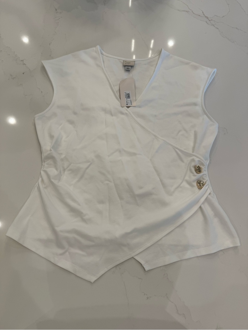 a new day White Sleeveless Wrap Tank with Gold Buttons